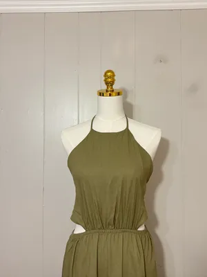 VICI Olive Green Halter Cutout Maxi Dress Linen Blend Open Back Size Large thumbnail 2