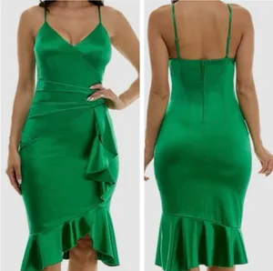 Emerald Sundae Cocktail Dress XS Green Satin Ruffle Flounce Holiday Party V-Neck thumbnail 4