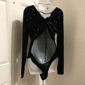 Whimsygoth Black silver accents celestial stars moon stretch bodysuit long sleeve scoop square neckline thumbnail 3