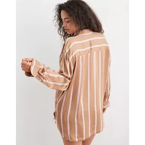 Aerie Tan Striped Satin PJ-To-Party Long Sleeve Button-down Casual Shirt S thumbnail 3
