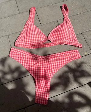 Double Zero‎ Red Gingham 2 Piece Bikinis Set Cottagecore Fairy Milkmaid Beach thumbnail 1