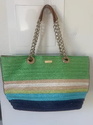 Kate Spade Chelsea Market Mini Coal Straw and Leather Chain Handle Tote Bag thumbnail 1