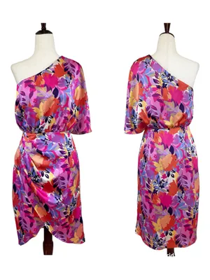 AIDAN‎ MATTOX One Shoulder Cocktail Dress Size 4 Pink Purple Floral Colorful thumbnail 2