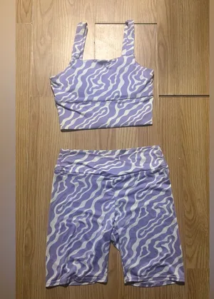 Purple and White Patterned biker shorts Activewear Set ladies small thumbnail 1