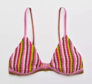 NEW Aerie Retro Striped Seersucker Triangle Bikini Top Pink Multi Textured XL thumbnail 1
