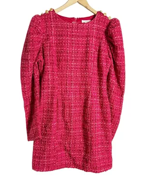 Flying Tomato Pink Red Tweed Puff Long Sleeve Sheath Mini Dress Size Medium thumbnail 1