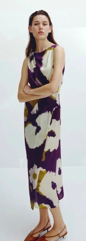 Zara Printed Satin Midi Dress Purple Olive Green Abstract Draped Waist Small thumbnail 1
