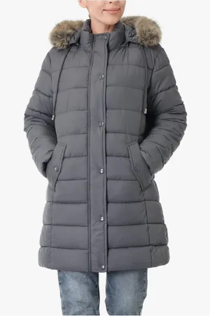 Women's Gray Quilted Long Puffer Coat with Faux-Fur Trim Hood thumbnail 1