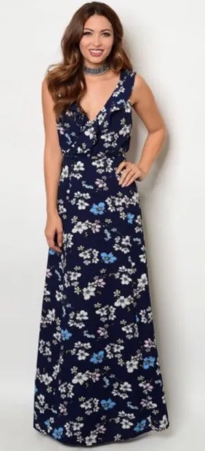Navy with Ruffles Flowers Maxi Dress thumbnail 1