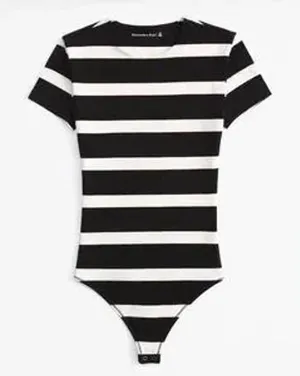 Abercrombie & Fitch Striped Short Sleeve Bodysuit Black White XS Tall‎ thumbnail 1
