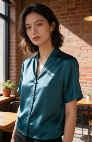 Christie & Jill Teal Satin Short Sleeve V-Neck Button-Down Blouse Medium thumbnail 1