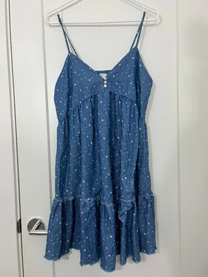New Jodifl Large Starry Dotted Chambray Denim Babydoll Dress thumbnail 3