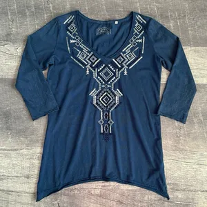 Panhandle Embroidered V Neck Shirt Womens L Cotton 3/4 Sleeve Asymmetrical Hem thumbnail 1