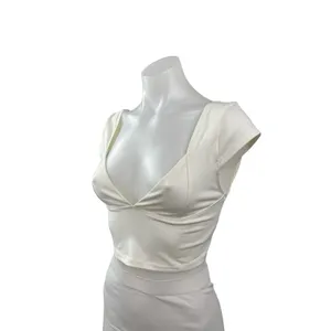 Free People Intimately Ivory Cap Sleeve Deep V Neck Open Back Y2k Crop Top Sz S thumbnail 3