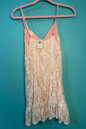 Lace Floral Mini Babydoll Dress Cream and Light Pink thumbnail 3