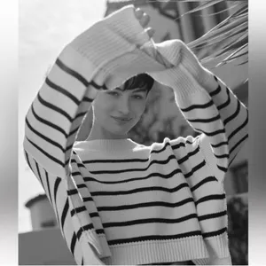 Free People Easy Street Striped Crop Sweater Cream‎ Black Knit Womens Small thumbnail 11