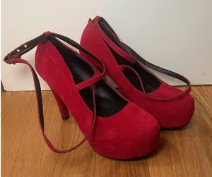 Mary Jane Platform Shoes Womens Size 7.5 Red Suede Ankle Strap Stiletto Pumps thumbnail 1