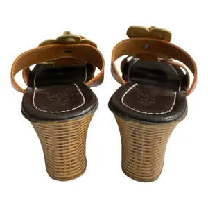 Bonita Floral Leather Wedge Sandals Cognac Brown Slide Mules Platform Heel thumbnail 6