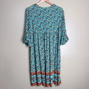 Women's Boho Floral Midi Dress L Turquoise Peasant Hippie Resort Empire Waist thumbnail 3