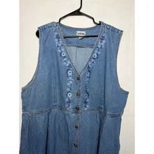 Studio West Vintage 90s 3X Denim Button Down Dress Sleeveless Floral Flowers thumbnail 2
