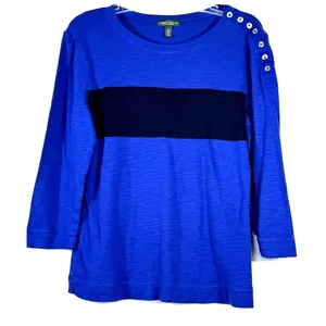 LRL Lauren Jeans Co Ralph Lauren Top Size L Blue Stripe Button Shoulder Blouse thumbnail 2