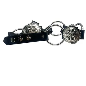 M western-style belt silver conchos black leather straps ring hardware women's thumbnail 2