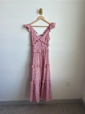 Petal + Pup Aspa Floral Tiered Midi Dress Pink Ruffle Tie Back Cotton Size 4 thumbnail 2
