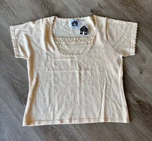 Storybook Knits Cream Lace-Trim Short Sleeve Top thumbnail 1