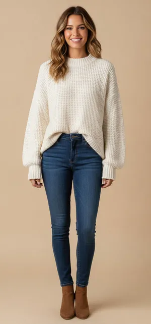 Ivory Chunky Knit Sweater Women's Cream Textured Crewneck Long Sleeve Pullover thumbnail 1
