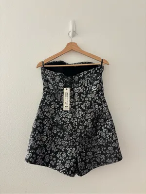 Minkpink Magic Touch Black Metallic Floral Print strapless romper new nwt thumbnail 3