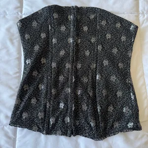 Vintage Y2K Black & Silver Brocade Corset Top – Structured Strapless Bustier – Gothic Coquette Party Top Small thumbnail 1