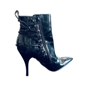 Carlos‎ Santana Black Ankle Boots Pointed Toe Stiletto Heel Patent Lace-Up Croc thumbnail 5