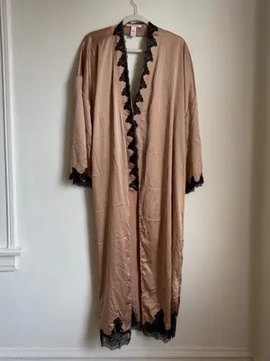 Victoria’s Secret Satin & Rose Lace Open-Back Long Robe Tan thumbnail 2