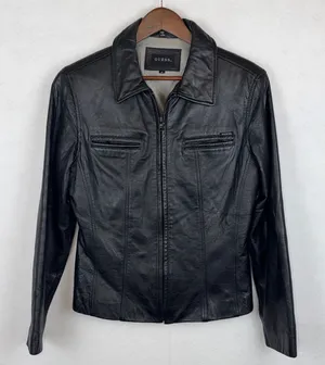 GUESS 100% Leather Jacket Womens Medium Black Zip Front Moto Biker Y2K Aesthetic thumbnail 1