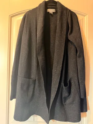 Ply Cashmere 100% Cashmere Black Grey Speckle Shawl Collar Cardigan Sweater Size L thumbnail 1