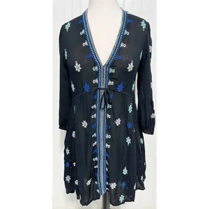 Free People Stargazer Mini Dress Embroidered V-Neck Tie Waist Black Blue Small thumbnail 12