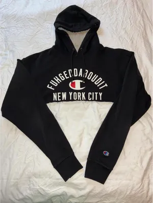 Champion Hoodie Black Cropped New York City Fuhgeddaboudit Size L thumbnail 1