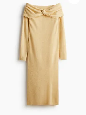 H&M | Fine Knit Off-Shoulder Twist Knit MIDI Dress in Pale Yellow XS thumbnail 4