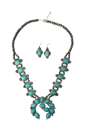 Faux Turquoise Squash Blossom Necklace & Earrings Jewelry Set 3 Pieces Southwest thumbnail 1