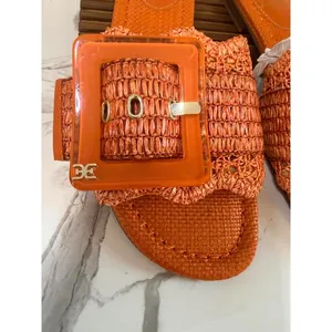 Sam Edelman New York Woven Raffia Slide Sandals Orange Square Buckle Women’s 6M thumbnail 3