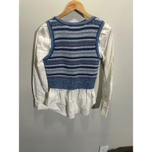 Veronica Beard Esphera Top‎ Small Blue White Striped Mixed Media Layered Knit thumbnail 4