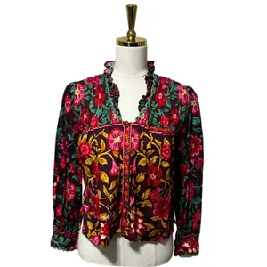 Alden Adair Oliver Top Medieval Floral Ruffle Neck Puff Sleeve Blouse XS thumbnail 2