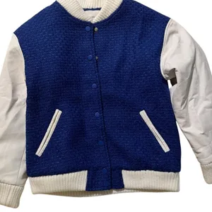 English Factory Navy Blue Cream Oversized Bomber Jacket Sz S Varsity Puffer thumbnail 2