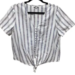Madewell White and Gray Crop Tie-Front Button Down Shirt thumbnail 1