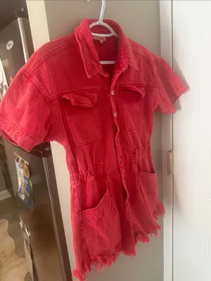 Peach Love California Red Denim Utility Romper Size Medium Western Boho thumbnail 3