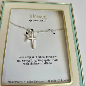 Blessed by your faith Silver Plated Cubic Zirconia Double Cross Necklace 16-19in thumbnail 2