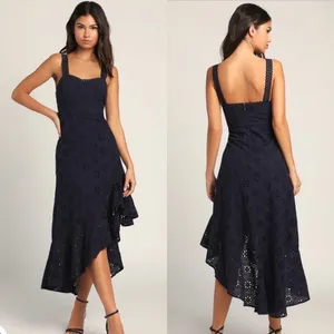Lulus Navy Blue Holiday Sleeveless Trimmed Embroidered‎ Asymmetric Dress Sz M thumbnail 2