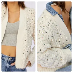 Anthropologie Embellished Pearl Open Cream Cardigan thumbnail 16