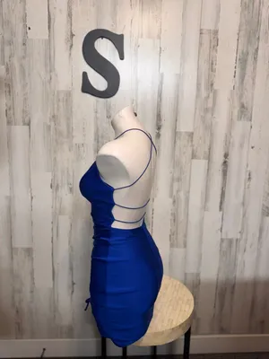 B. Darlin Royal Blue Ruched Side Drawstring Mini Dress Womens Size Small Open Ba thumbnail 6