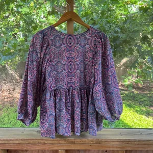Banana Republic Women's Purple Printed Boho Pleated Top Size L thumbnail 2